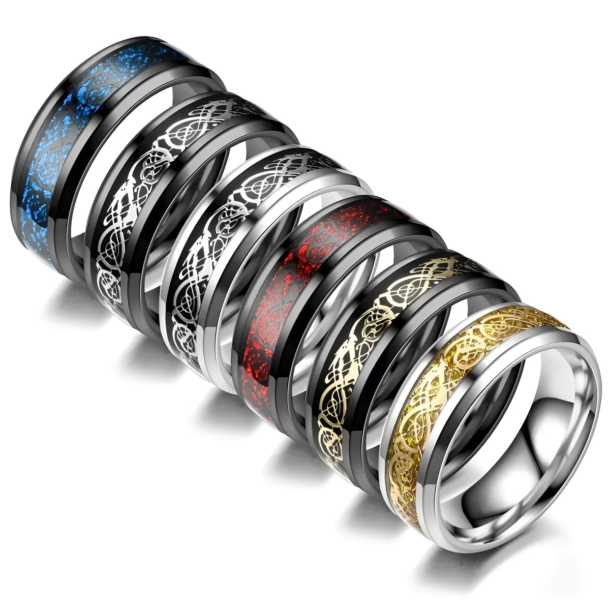 Dragon pattern stainless steel ring in silver, black, gold, blue, or red finish, unisex, sizes 6 to 13