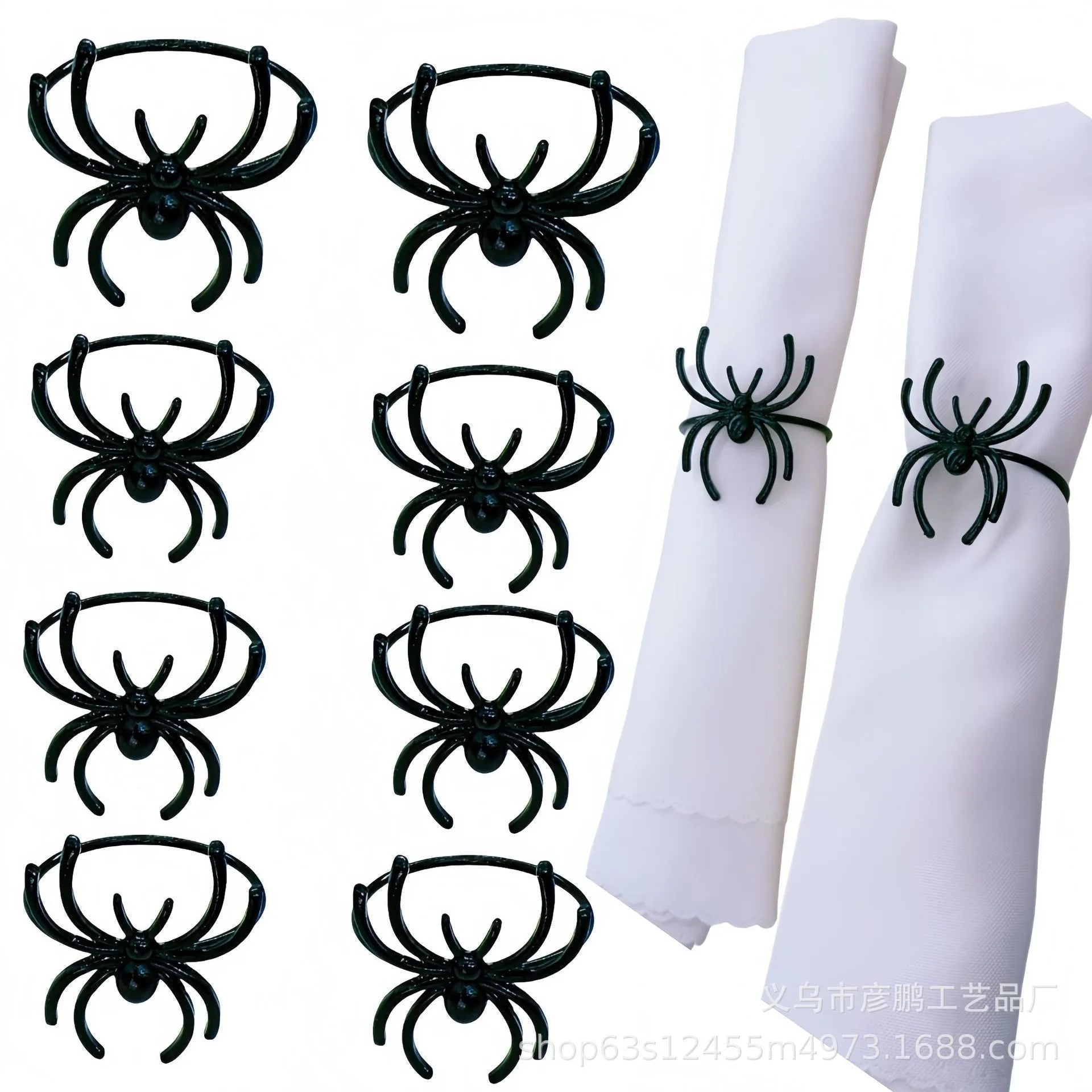 Set of six black metal spider-shaped napkin rings for Halloween table decorations.