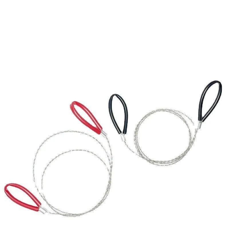 Black and red survival wire saw with leather case, showing coiled stainless steel wire and its compact size.