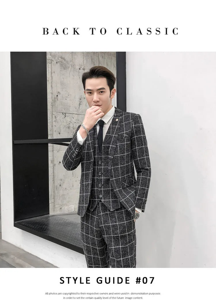 Men's slim fit three-piece suit in viscose blend, available in khaki, black, dark blue, grey, sizes M to XXXXL.