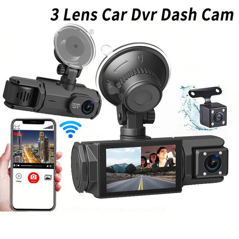 HD 1080P three lens WiFi car DVR dash cam with reversing image, front interior and rear cameras on 2 inch IPS screen