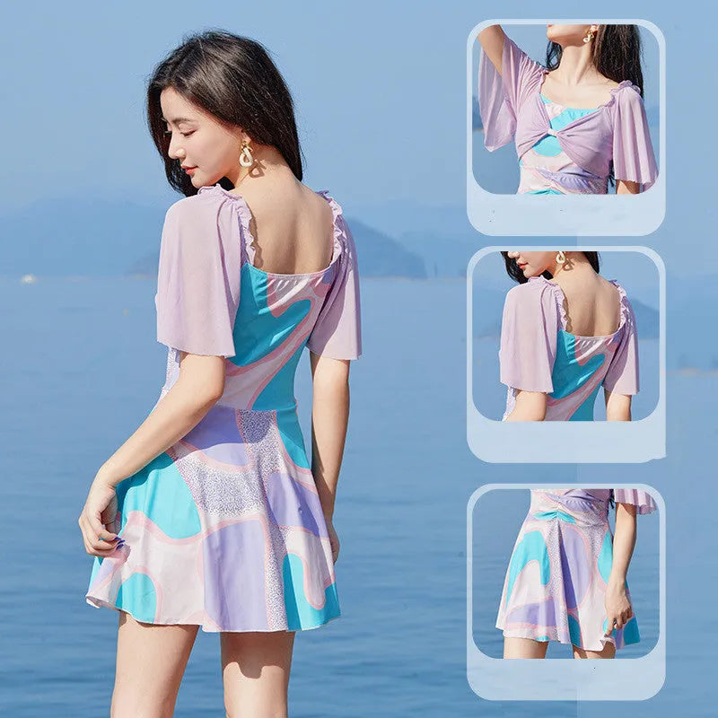 Women's high-waist floral one-piece swimsuit with bowknot detail in light purple or light blue