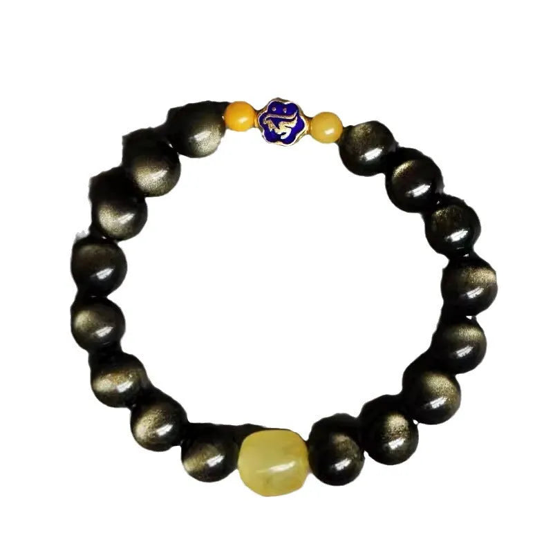 Natural golden obsidian bracelet with geometric zodiac charm bead showing chicken zodiac design