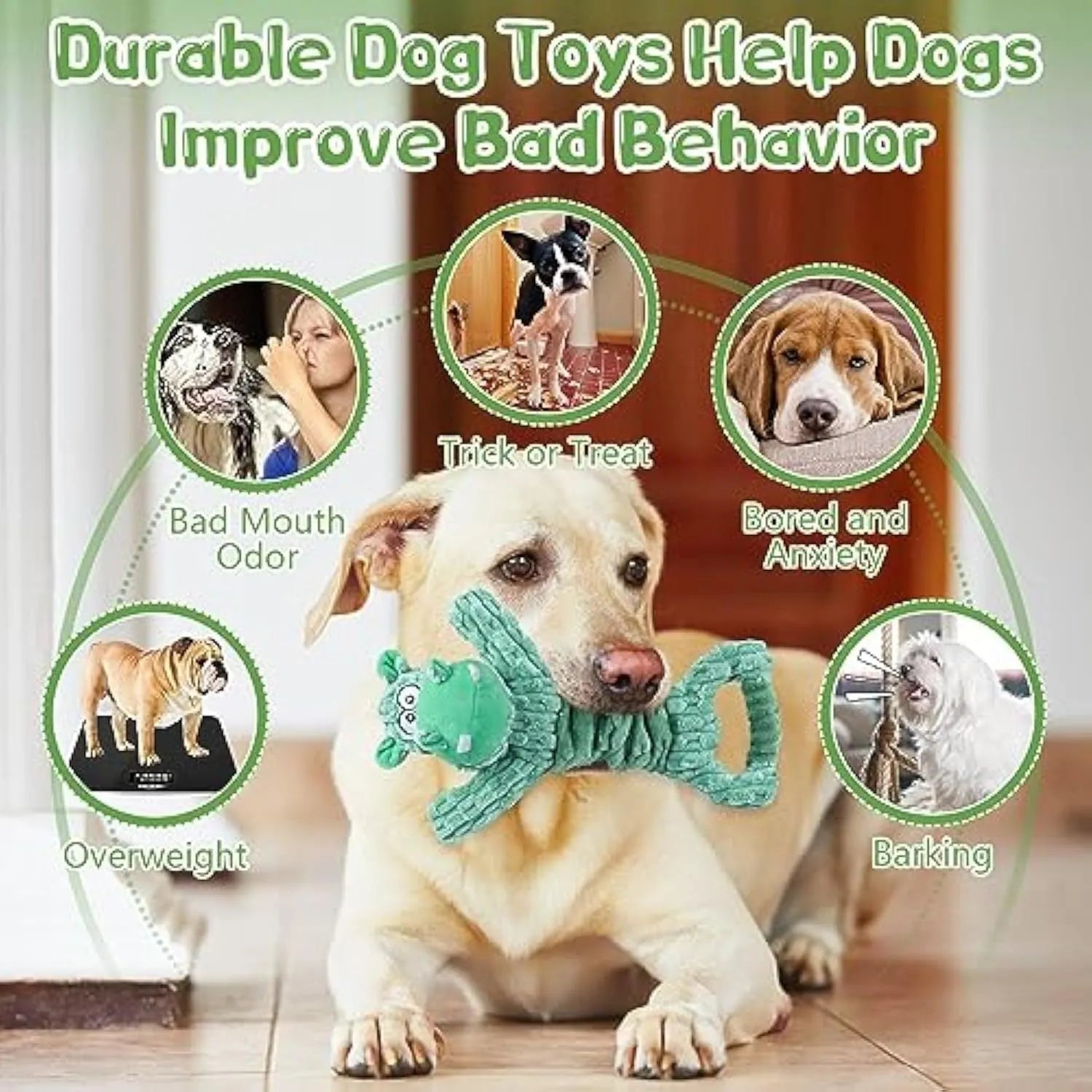 Large green plush hippo dog toy with a handle, shown as an interactive squeaky and crinkle chew toy
