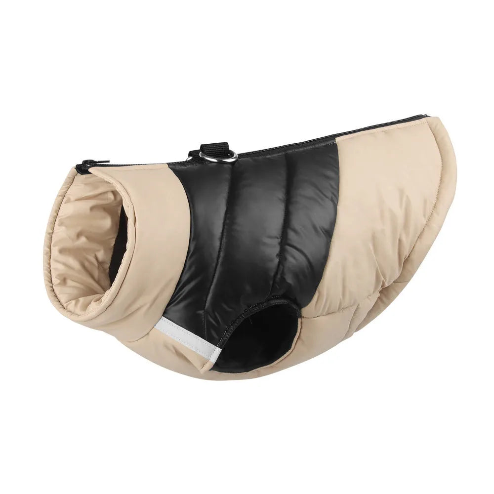 A waterproof padded dog vest jacket with a zip, shown in one of seven available colours.