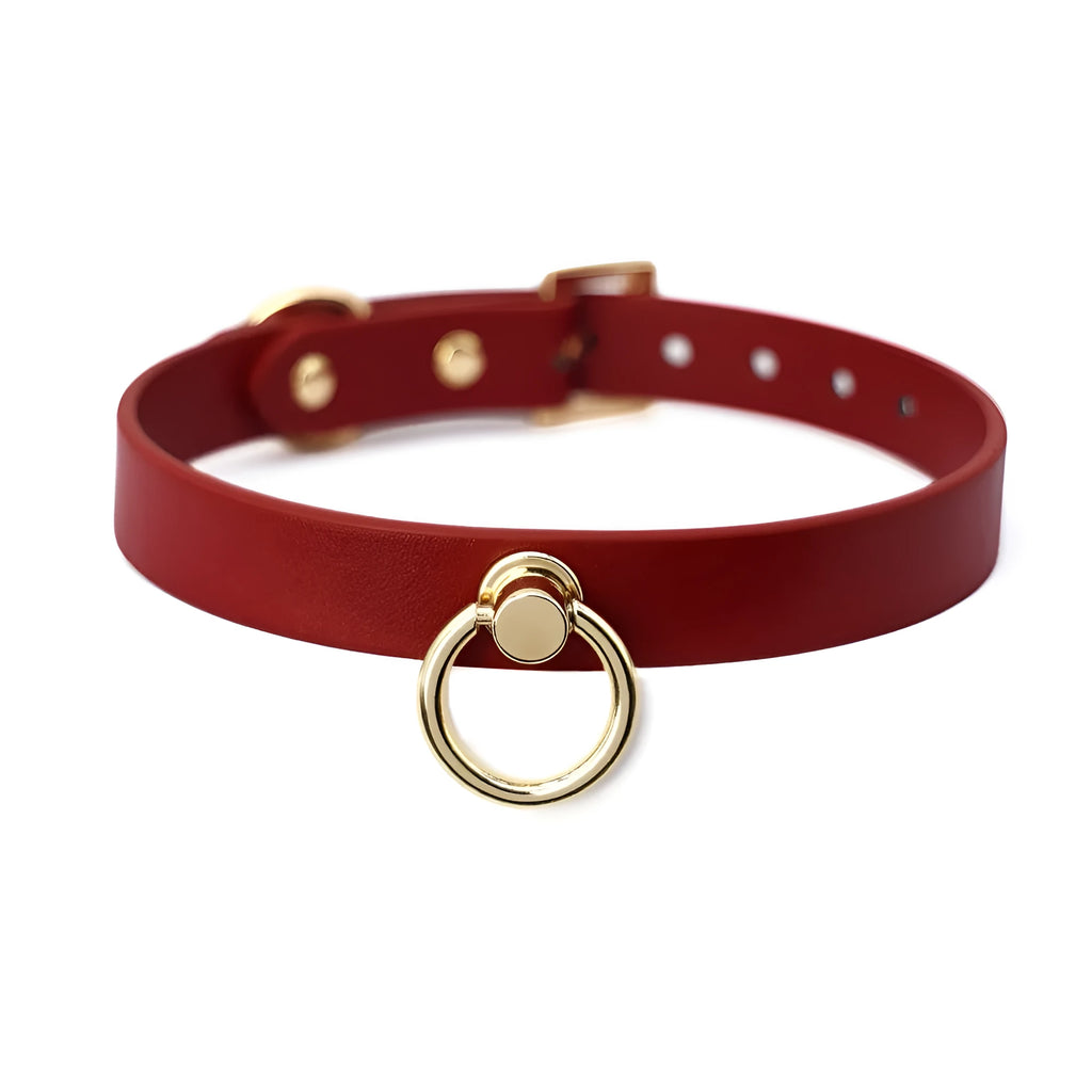 Genuine cowhide leather bondage collar with adjustable pull lead in black and red colour options