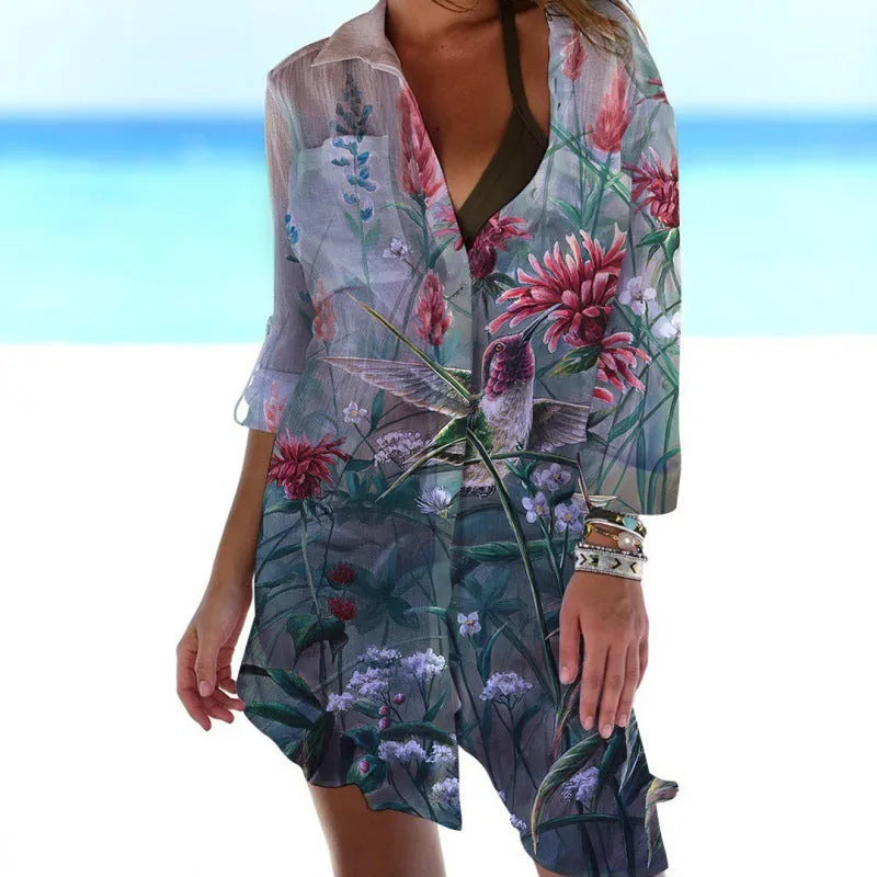 Women's slim-fit long-sleeve beach shirt with a colourful 3D digital print of birds and flowers.