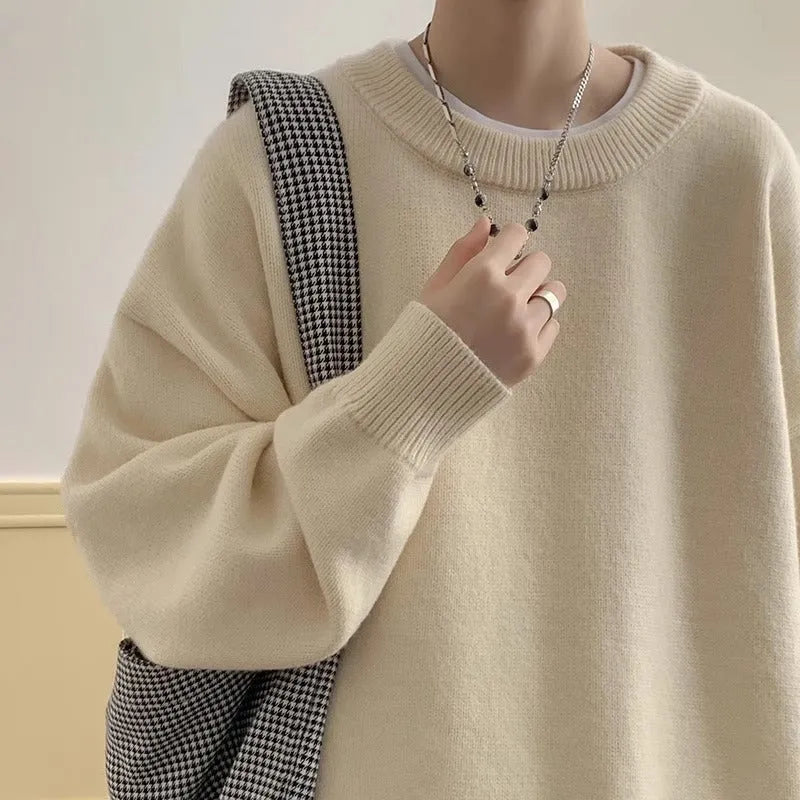 Men's loose fit pullover sweater in light grey polyester, long sleeve, Japanese style, winter daily wear.