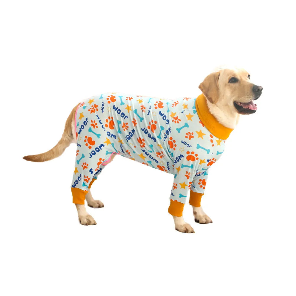 Cotton dog jumpsuit pet clothing in four-legged design showing size options 26-38cm