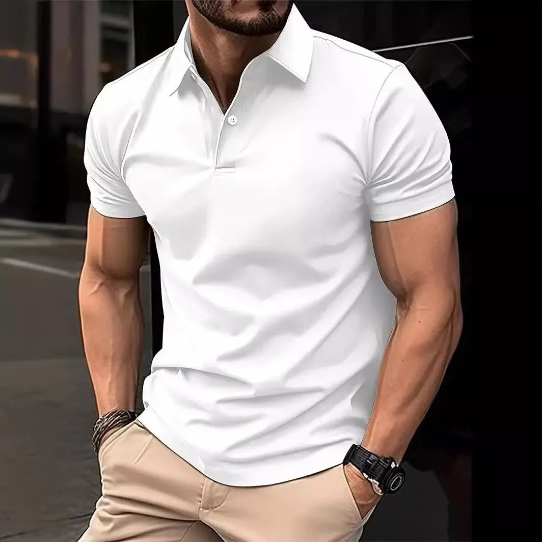 Men's slim fit solid colour short sleeve button shirt in a cotton mix fabric.