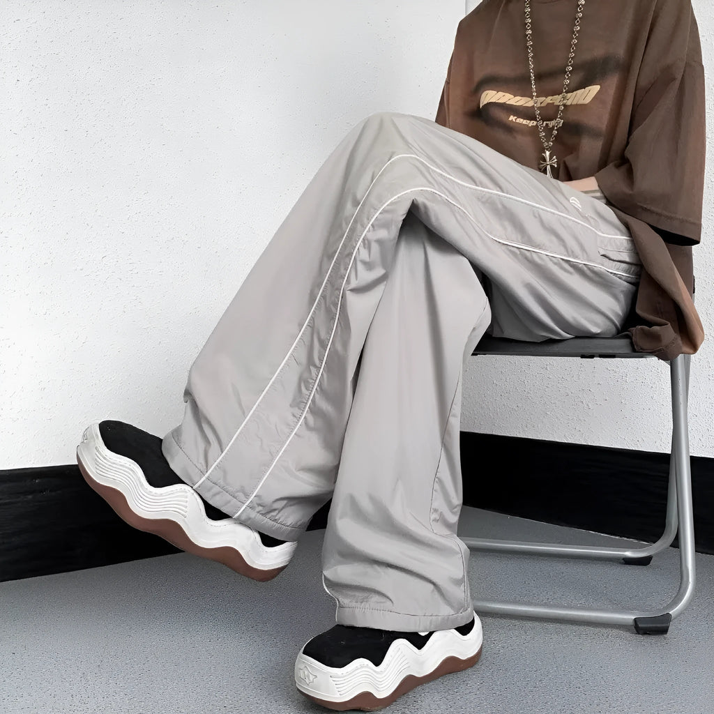 Men's ice silk wide leg striped casual pants in navy blue, mid waist, straight leg, summer loose trousers