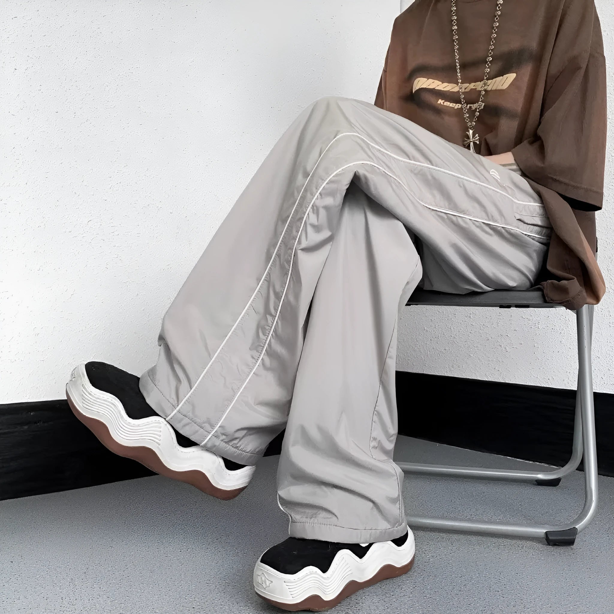 Men's ice silk wide leg striped casual pants in navy blue, mid waist, straight leg, summer loose trousers