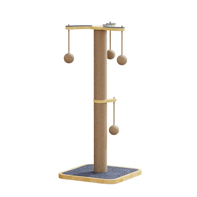 Windmill coloured pine wood cat climbing frame with a hanging ball and carpet leather scratching surfaces.