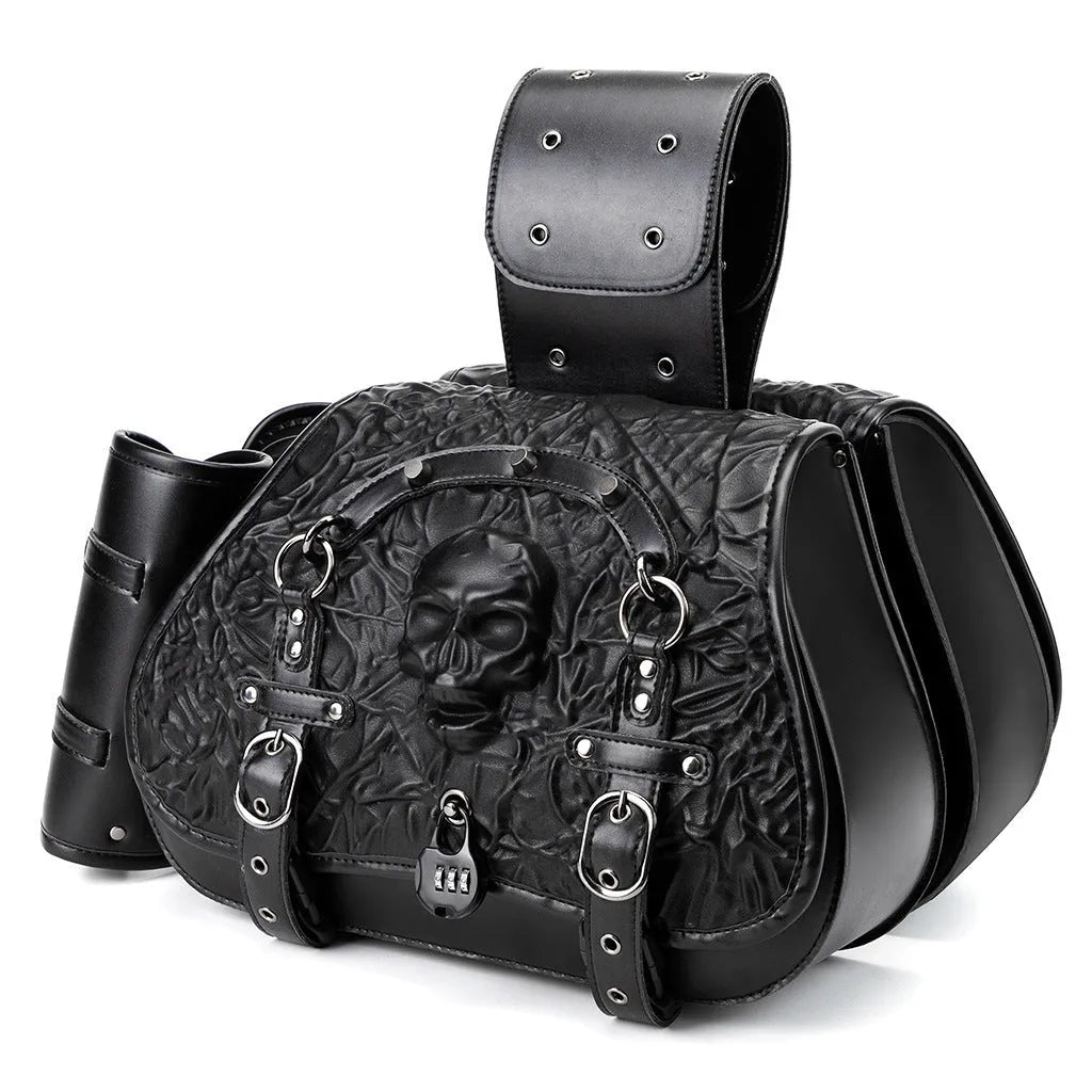 Pair of black PU motorcycle side luggage bags, model FBG404BK, mounted on a motorcycle.
