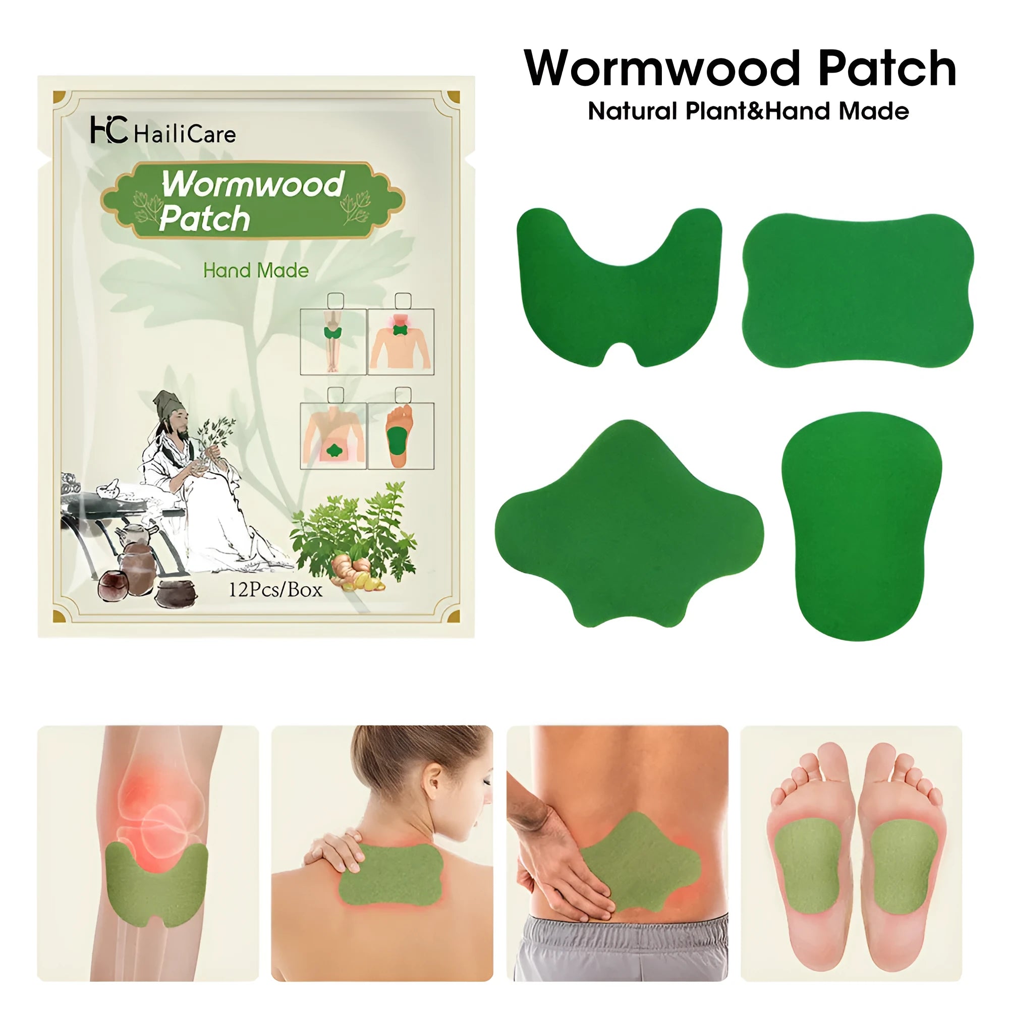 Assorted Chinese Mugwort herbal patches for knee, back, neck and foot in a sealed bag.