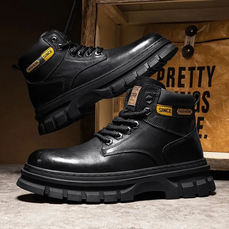 Men's Martin boots with artificial PU leather upper, round toe, and front lace-up closure