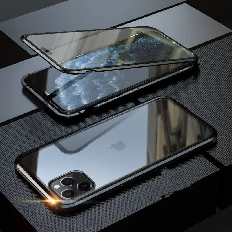 Anti-spy clamshell iPhone case in aluminium and glass, shown in black, silver, red, gold, green, and blue colour options.