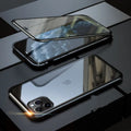 Anti-spy clamshell iPhone case in aluminium and glass, shown in black, silver, red, gold, green, and blue colour options.