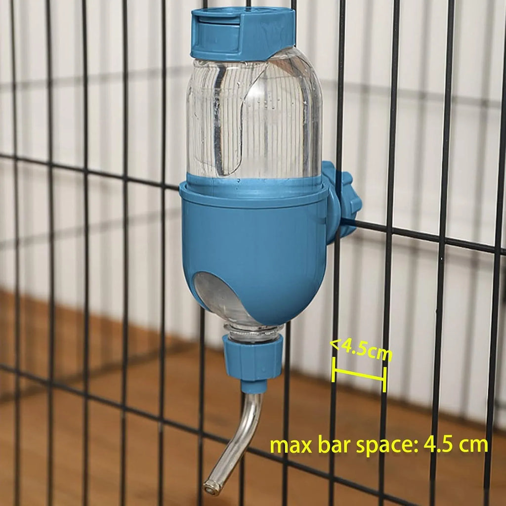 Blue pet water bottle with rotatable nozzle for small animal cages showing measurement scale