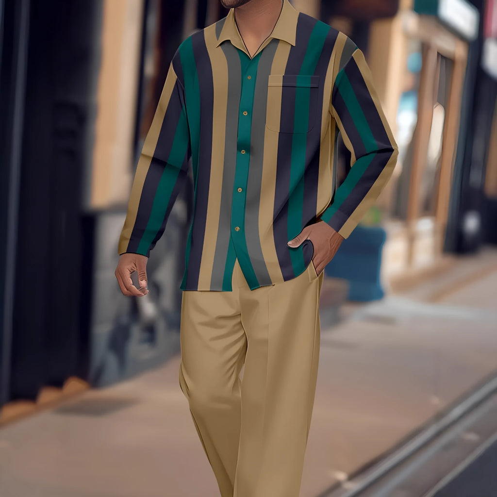 Men's print striped suit set with long sleeve blazer and trousers in polyester fabric, multiple colour options, Asian sizing