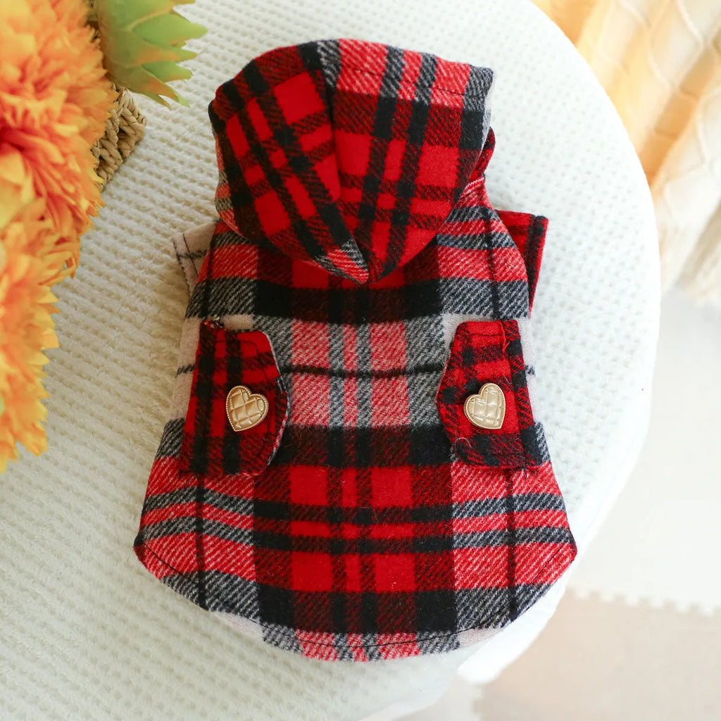 Red plaid dog trench coat for autumn and winter warmth in casual pet clothing style