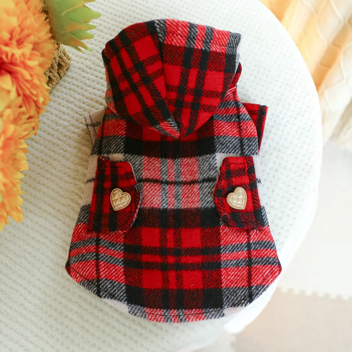 Red plaid dog trench coat for autumn and winter warmth in casual pet clothing style