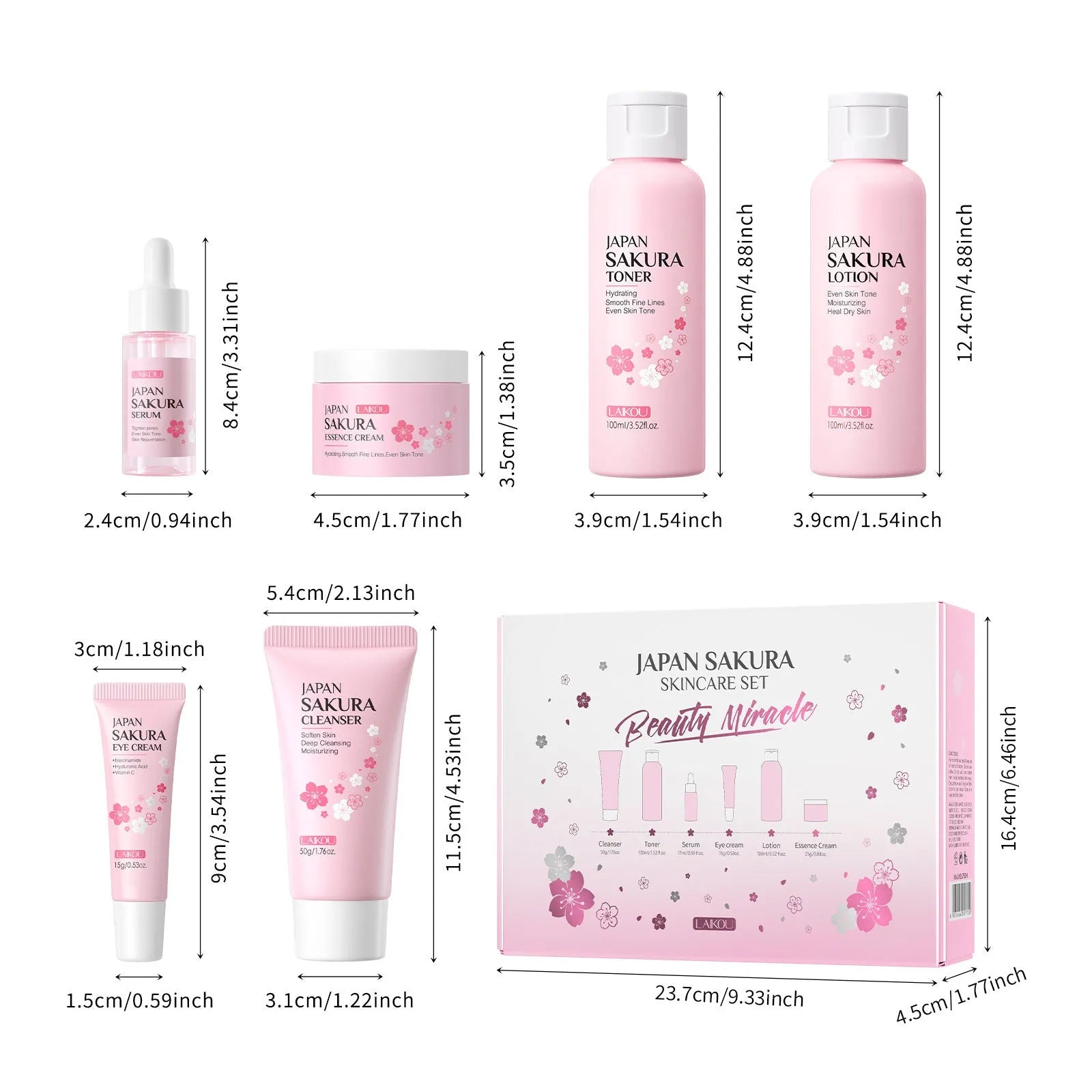 Cherry Blossom 6-piece skincare set with cleanser, toner, cream, serum, and eye cream.