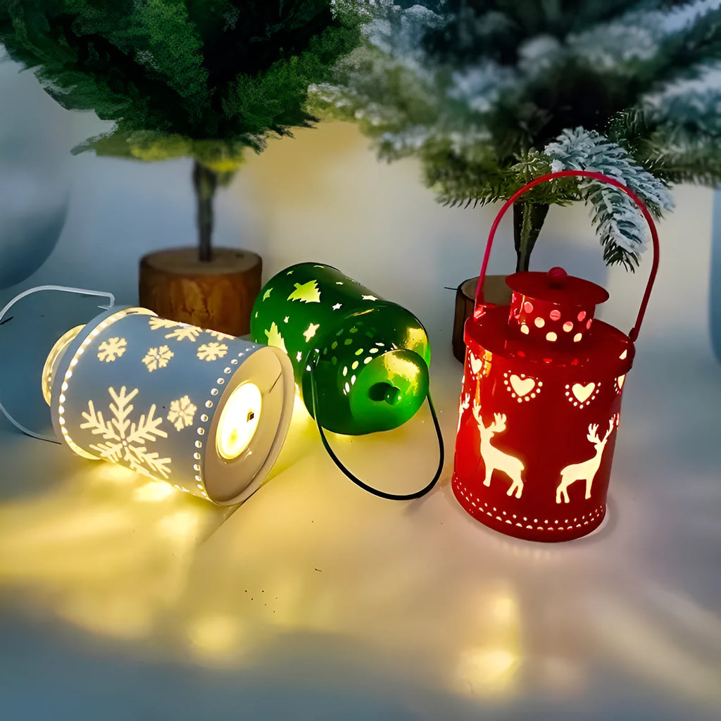 Nordic style LED Christmas candle lantern with wrought iron construction showing flickering light effect