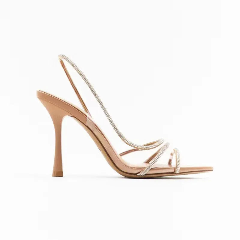 Apricot pointed toe women's high heels with PVC upper and rubber sole, shown in sizes 35 to 42