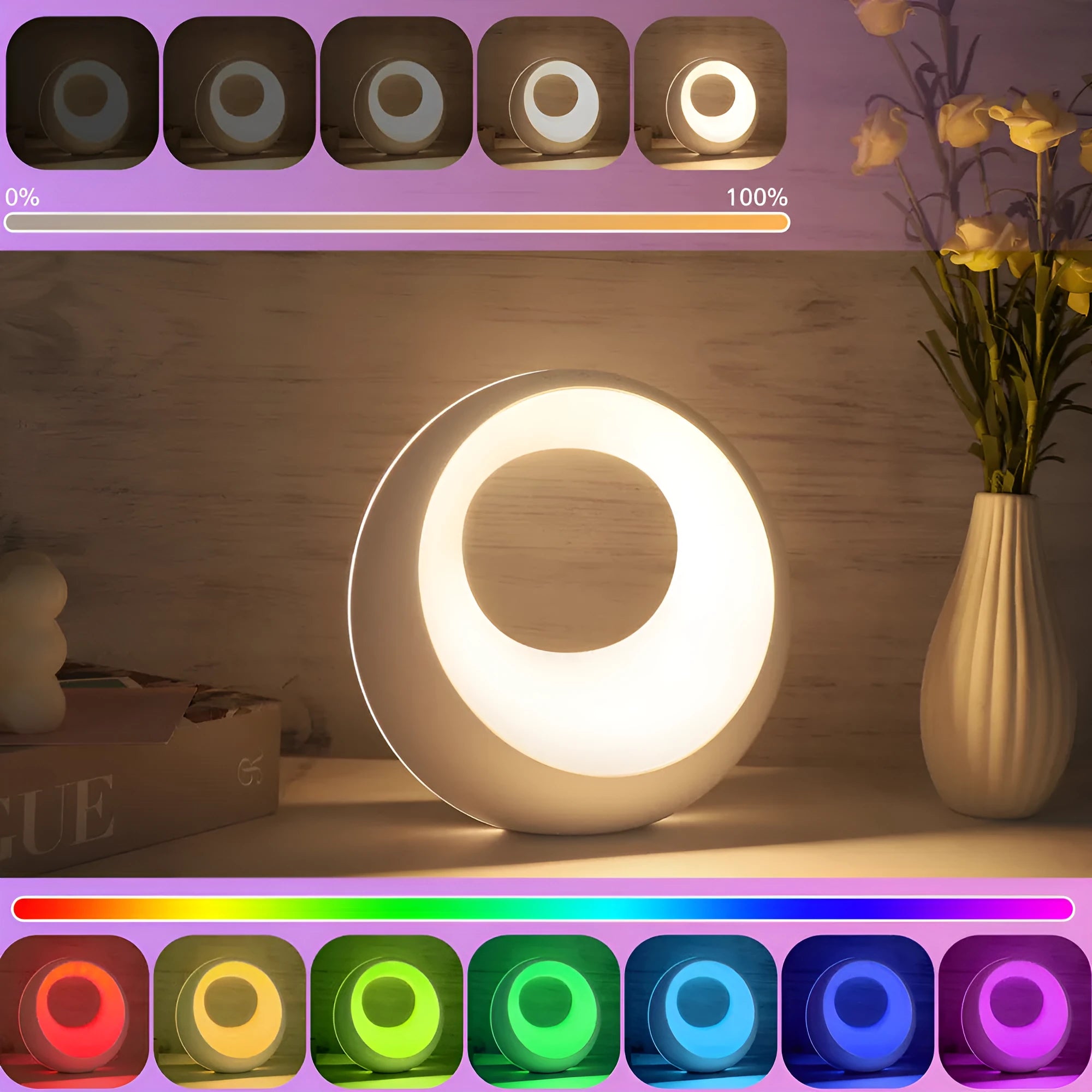 Small white RGB colour changing night lamp with remote control on a wooden desk.
