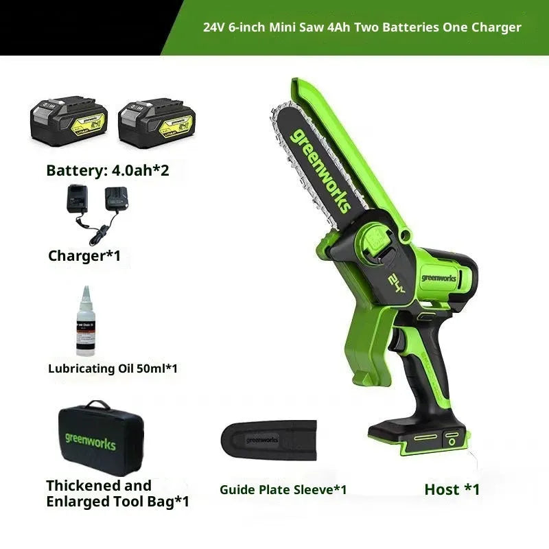 6-inch cordless electric chainsaw with 24V lithium battery, guide plate, and charger
