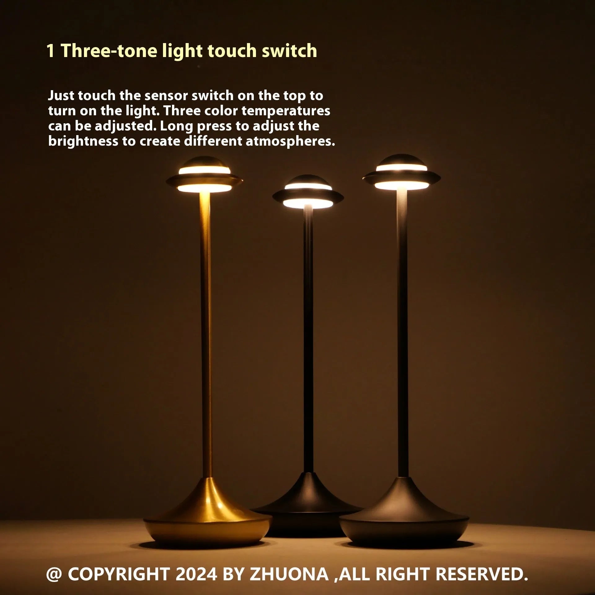 Modern metallic UFO-shaped table lamp with touch controls in black, gold, or grey finish.