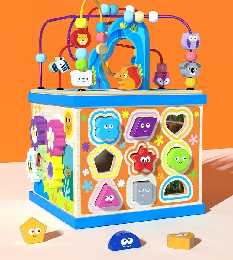 Blue wooden bead treasure box toy measuring 23x23x32cm with multiple play scenes