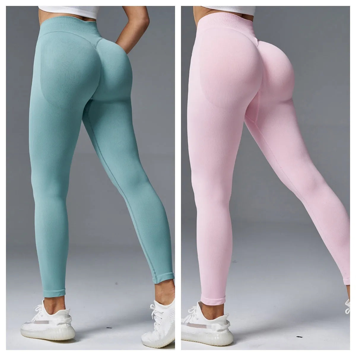 Light green mid waist yoga pants with tight peach hip lift fit on mannequin