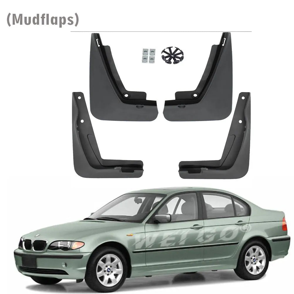 BMW 3 Series E46 black plastic fender splasher set with four mudguards and self-tapping screws