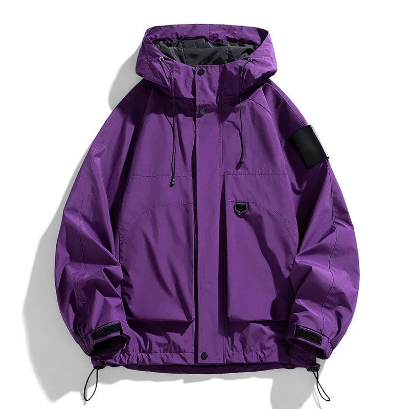 Men's black waterproof windproof hooded jacket coat for outdoor work and leisure.