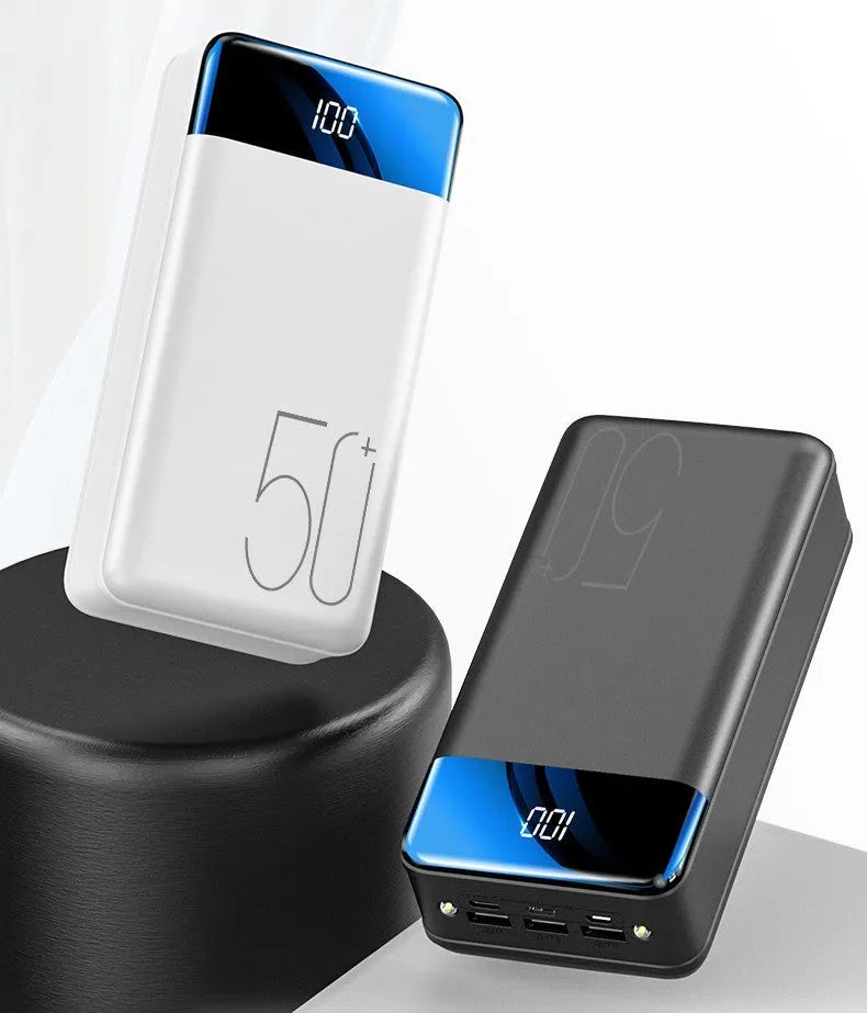 Large black and white 50000 mAh power bank showing three USB output ports