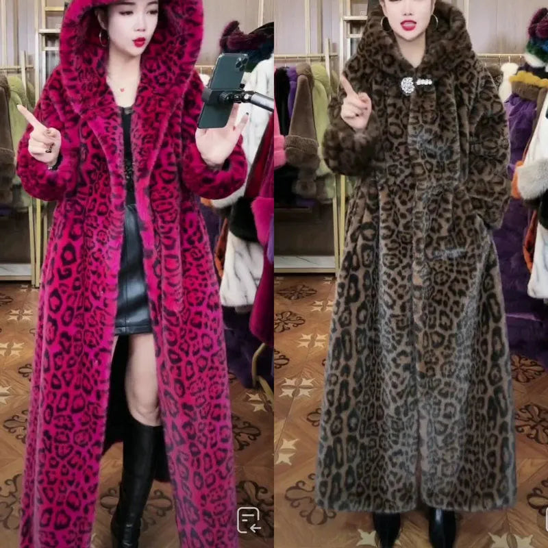 Brown leopard print plus size faux fur long coat on a hanger, showing loose fit and regular sleeves.