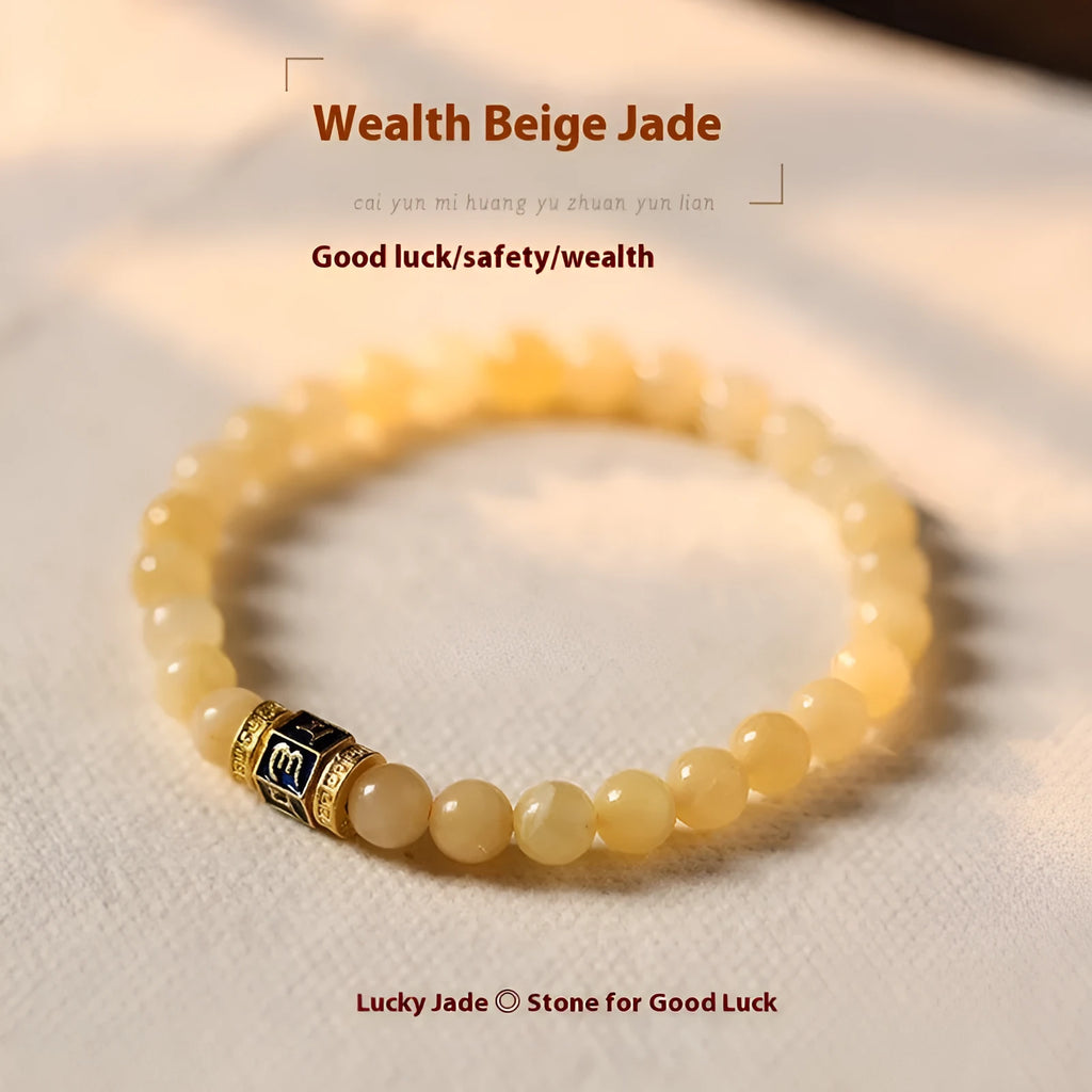 Hand-woven women's topaz bracelet with 6mm mantra barrel beads and square sugar jade pieces