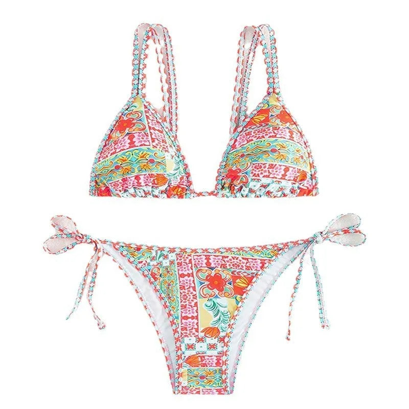 Women's European style lace-up split swimsuit bikini set with backless design