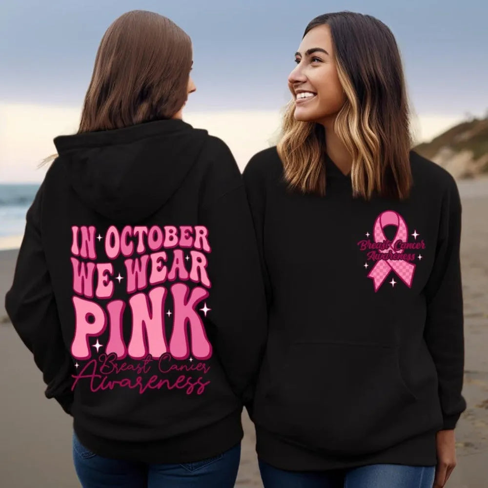 Breast Cancer Awareness hoodie sweatshirt with hot stamping pattern and side pockets in pink colour
