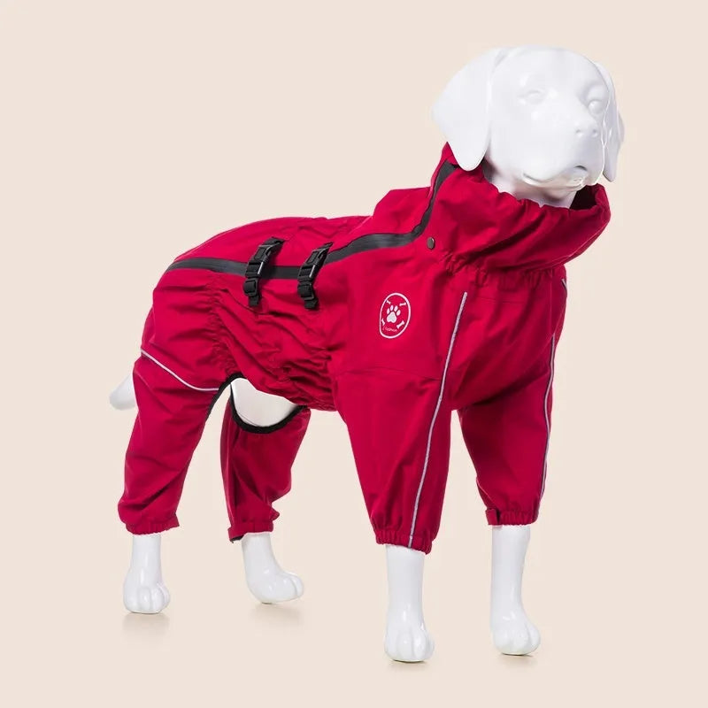 Medium large dog wearing red waterproof four-legged breathable polyester raincoat