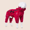 Medium large dog wearing red waterproof four-legged breathable polyester raincoat