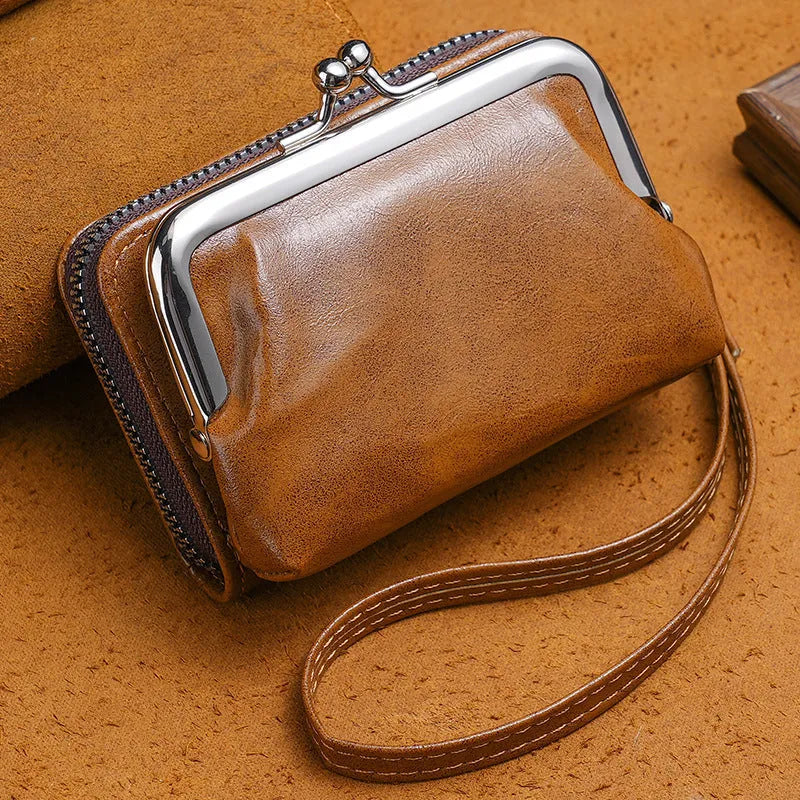 Ladies' buckle coin purse with a 4-inch metal clip attached, shown in available colours.