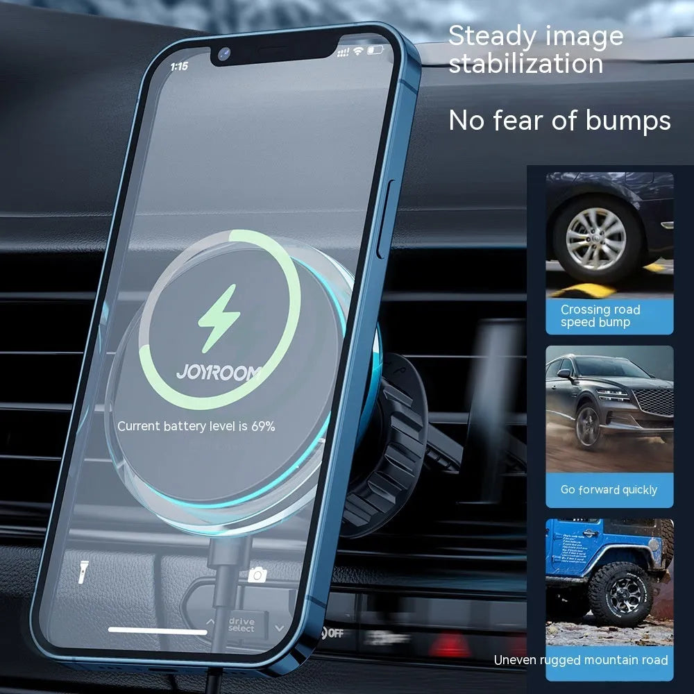 Black magnetic car air vent wireless charging stand with 15W power for smartphones