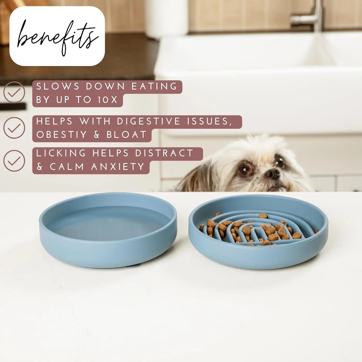 Silicone slow feeder dog bowl with ridges in beige, charcoal, blue, yellow, green, or red