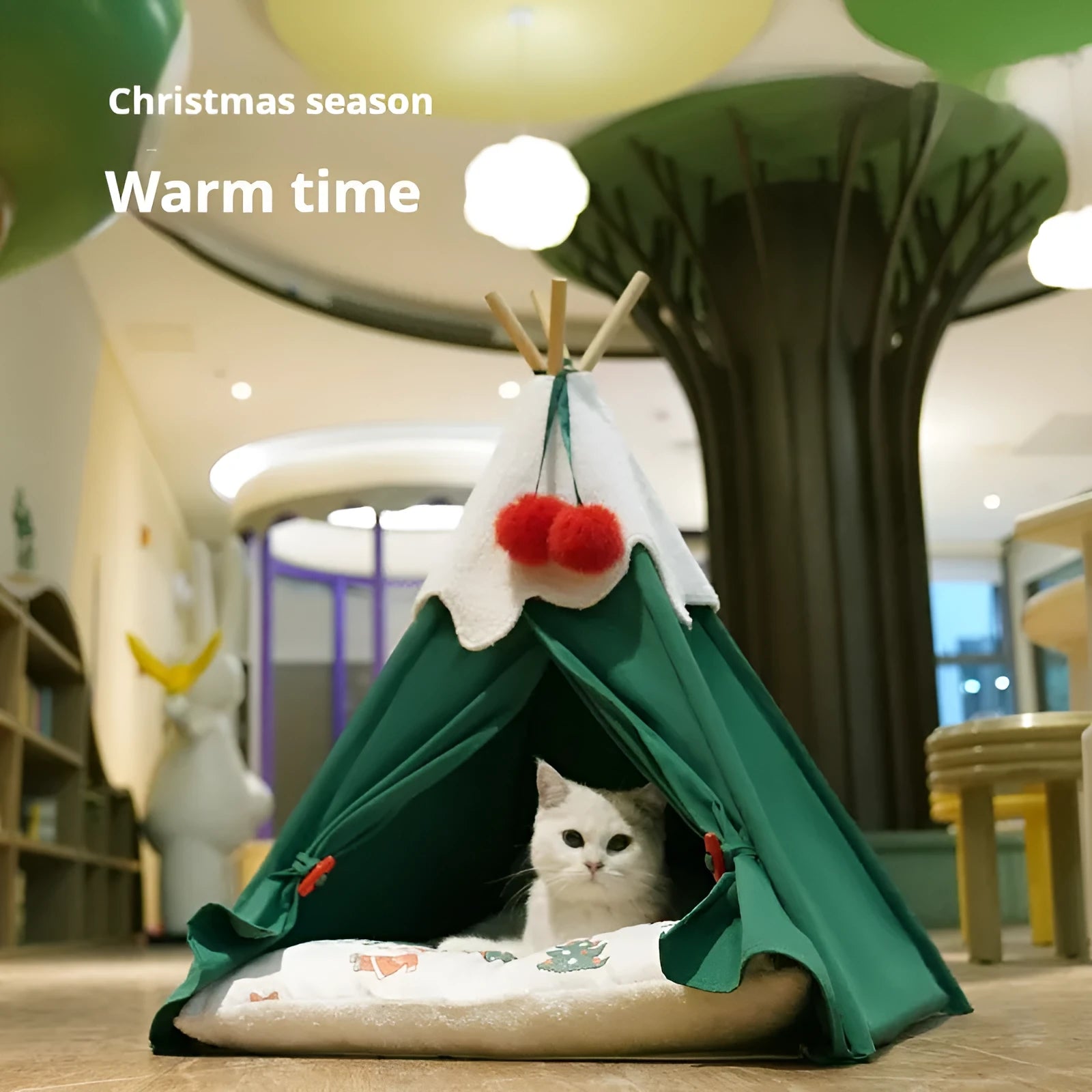 Semi-closed cloth cat house for indoor cats, shown in brown and white mat options.