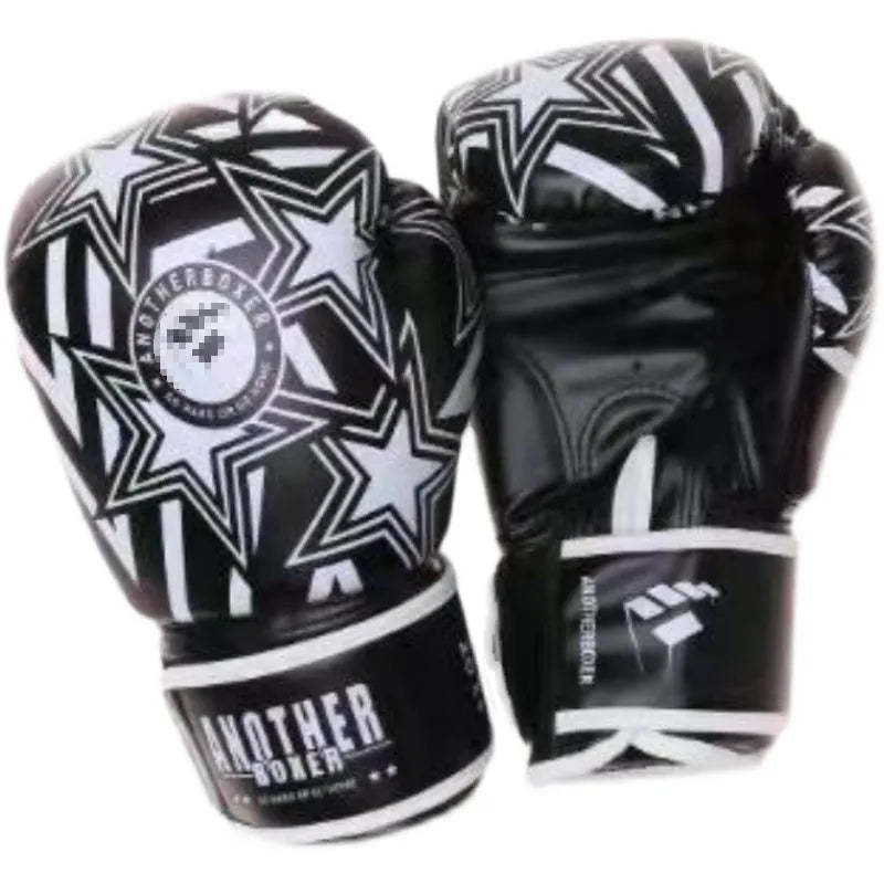 Children's boxing sanda gloves in gold, red, white, green, and lake blue star designs, showing size options from 4oz to 14oz.