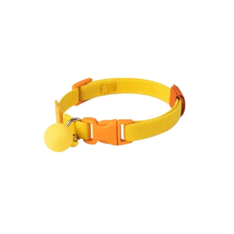 Yellow high elasticity polyester dog collar for small dogs on a white background.