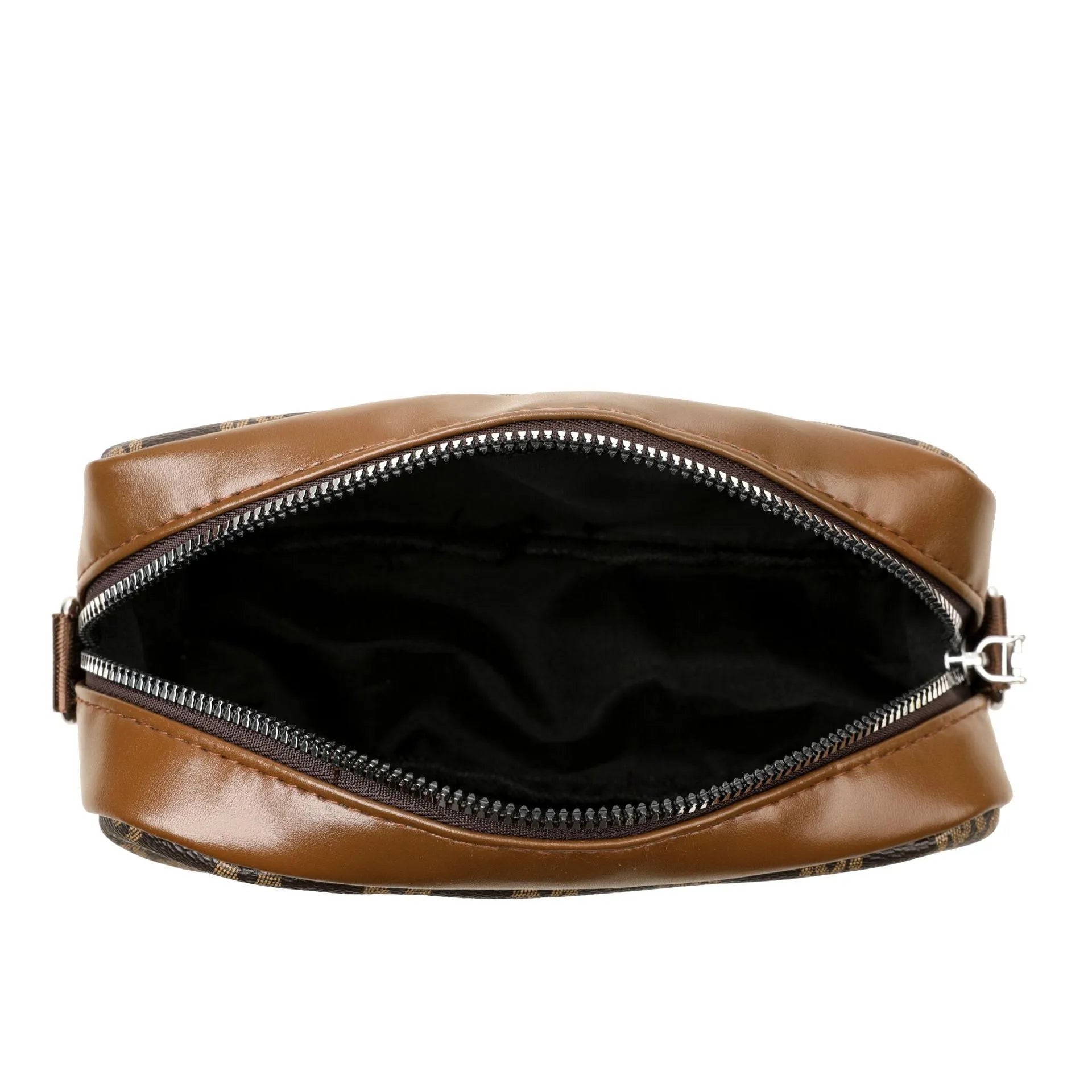 Crossbody bag with wide shoulder strap in black colour showing three-dimensional pocket construction